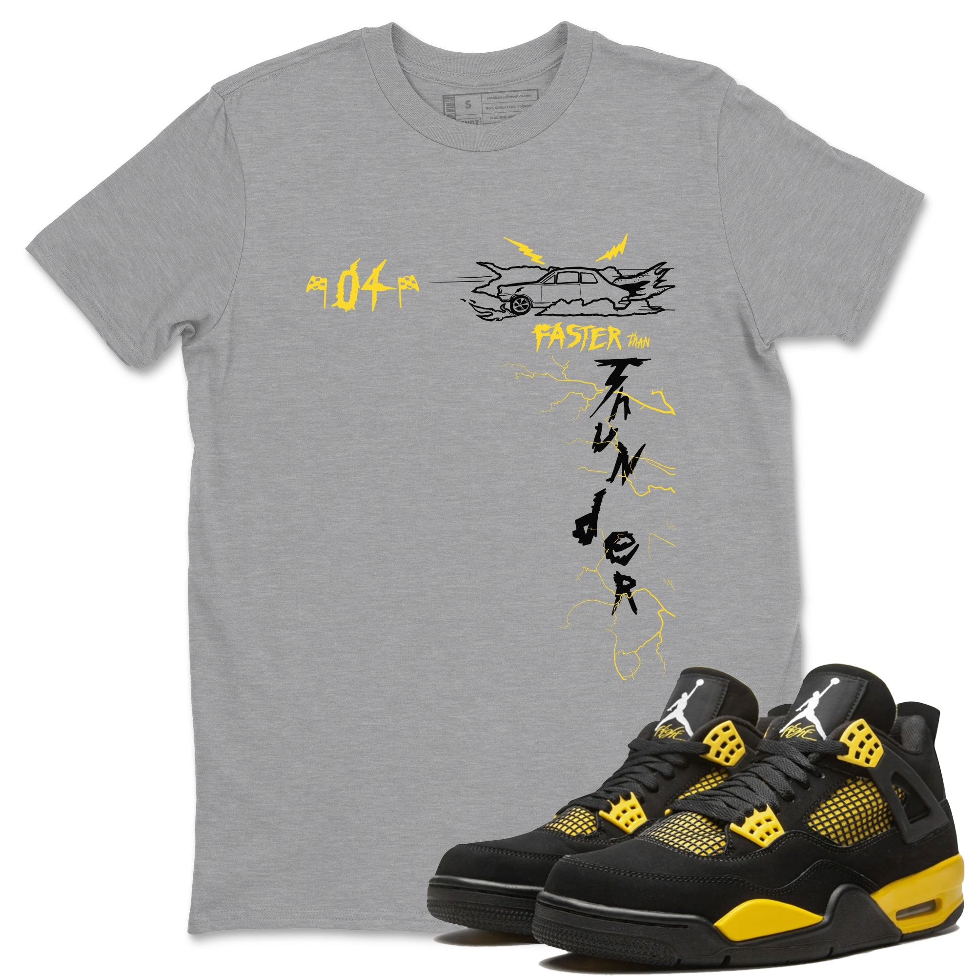AJ4 Thunder shirts to match jordans Faster Than Thunder sneaker match tees Air Jordan 4 Thunder SNRT Sneaker Tees streetwear brand Heather Grey 1 unisex cotton tee