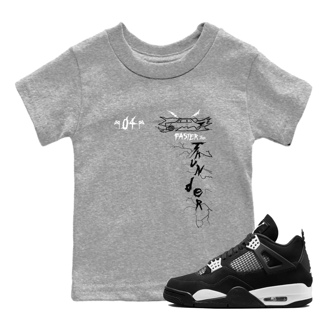 AJ4 White Thunder shirts to match jordans Faster Than Thunder sneaker match tees Air Jordan 4 White Thunder SNRT Sneaker Tees streetwear brand Baby and Youth Heather Grey 1 cotton tee