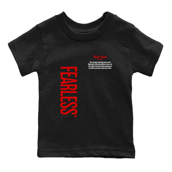 Fealess Definition baby and kids t-shirt crafted for little sneakerheads to shine with the Jordan 5 Retro Fire Red sneakers, displayed in Black 2.