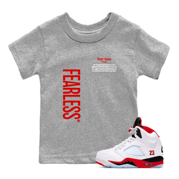 Fealess Definition baby and kids t-shirt crafted for little sneakerheads to shine with the Jordan 5 Retro Fire Red sneakers, displayed in Heather Grey 1.