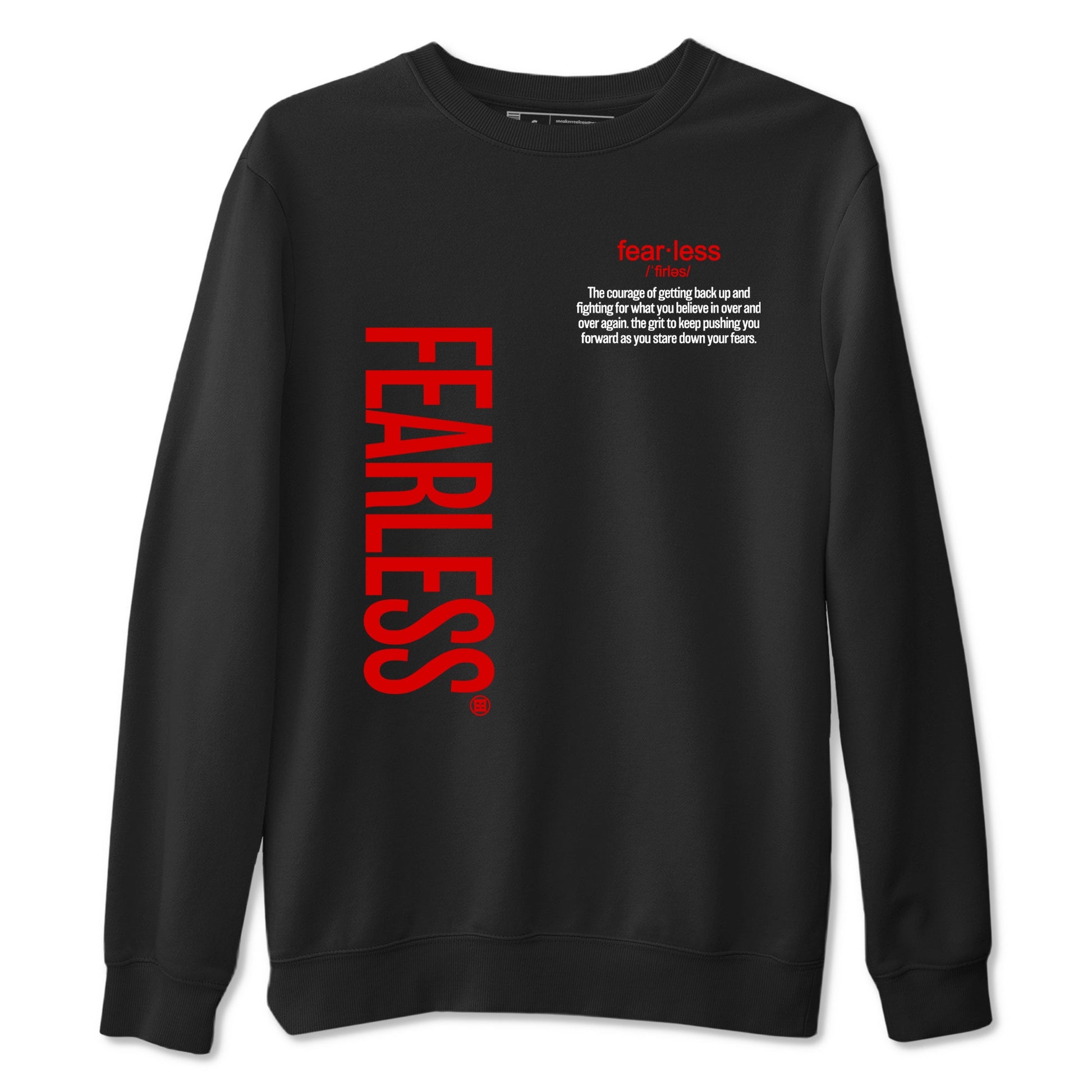 Fealess Definition sneaker match t-shirt t-shirts to match jordans, dunks, yeezys Jordan 5 Retro Fire Red sneakers, shown in Black 2.