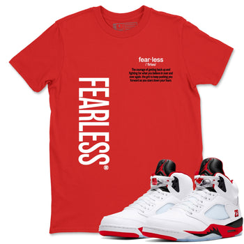 Fealess Definition sneaker match t-shirt t-shirts to match jordans, dunks, yeezys Jordan 5 Retro Fire Red sneakers, shown in Red 1.