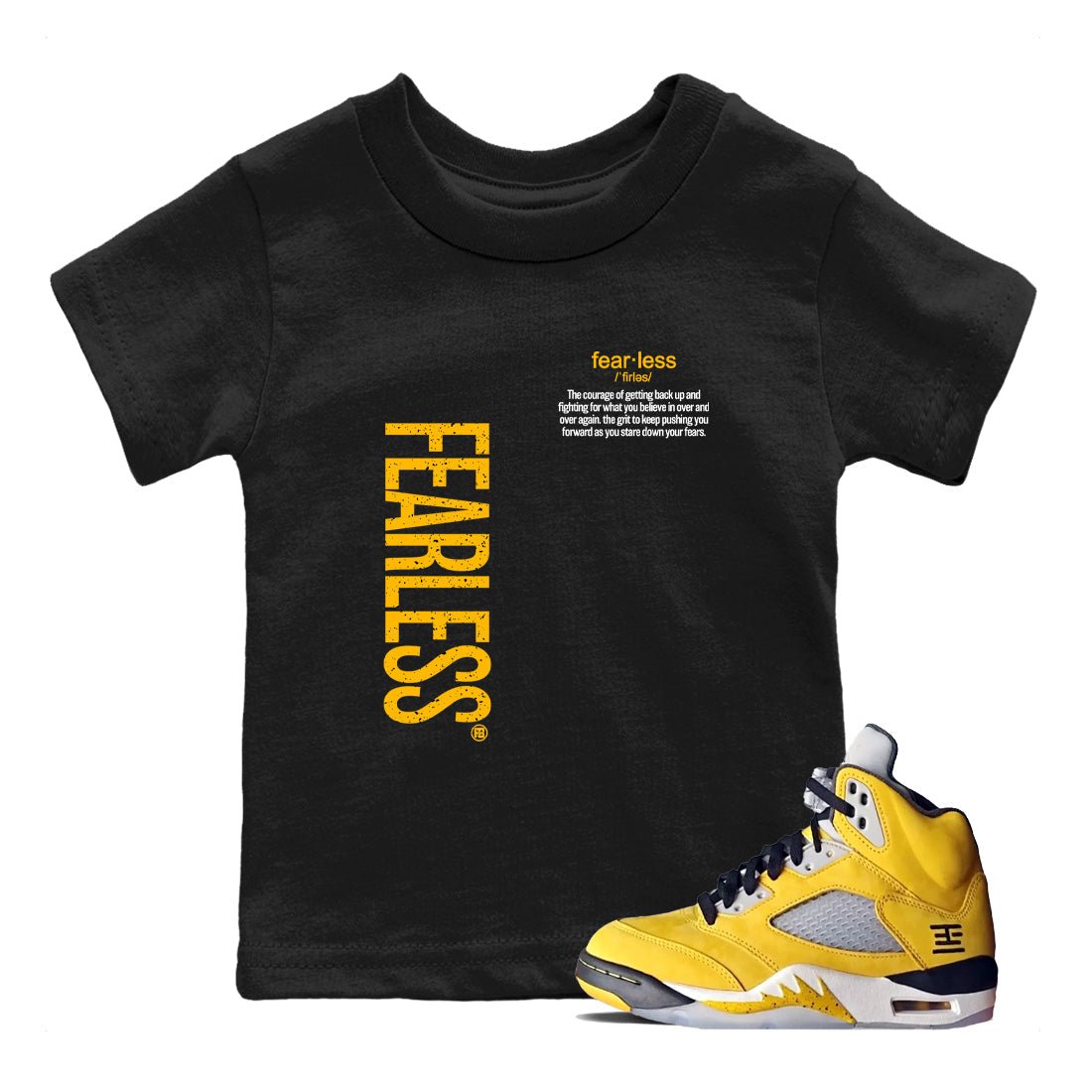 Fealess Definition baby and kids t-shirt crafted for little sneakerheads to shine with the 5s Tokyo sneakers, displayed in Black 1.