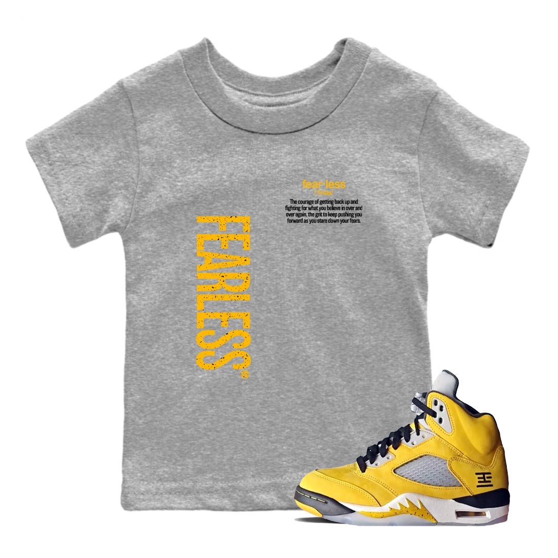 Fealess Definition baby and kids t-shirt crafted for little sneakerheads to shine with the 5s Tokyo sneakers, displayed in Heather Grey 1.
