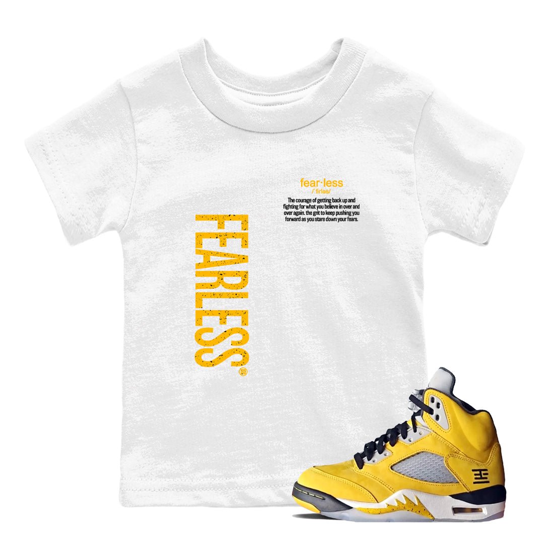 Fealess Definition baby and kids t-shirt crafted for little sneakerheads to shine with the 5s Tokyo sneakers, displayed in White 1.