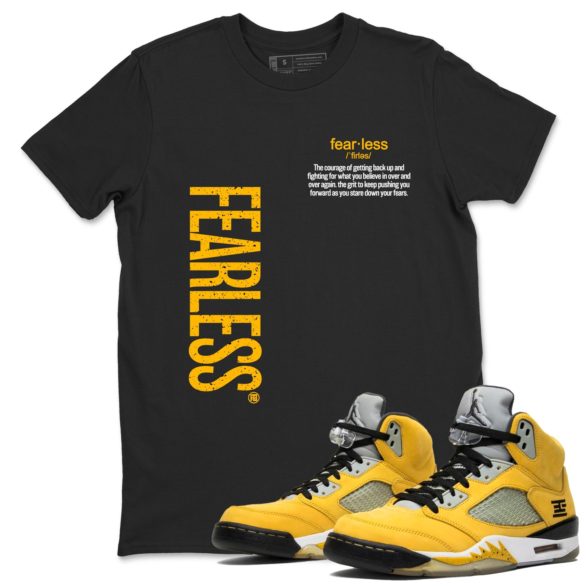 Fealess Definition sneaker match t-shirt t-shirts to match jordans, dunks, yeezys 5s Tokyo sneakers, shown in Black 1.