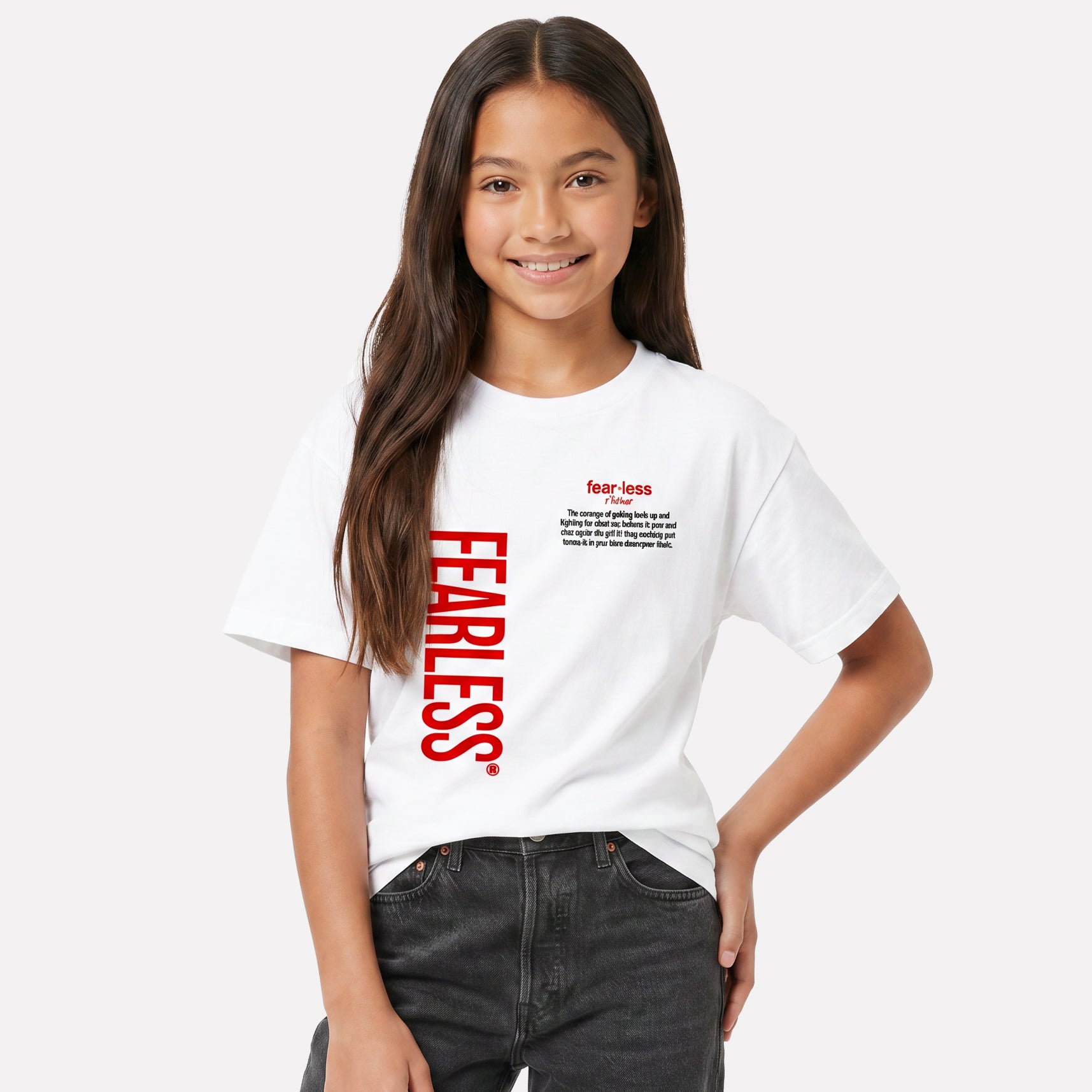 Young girl wearing a white t-shirt with 'FEARLESS' printed on it against a white background