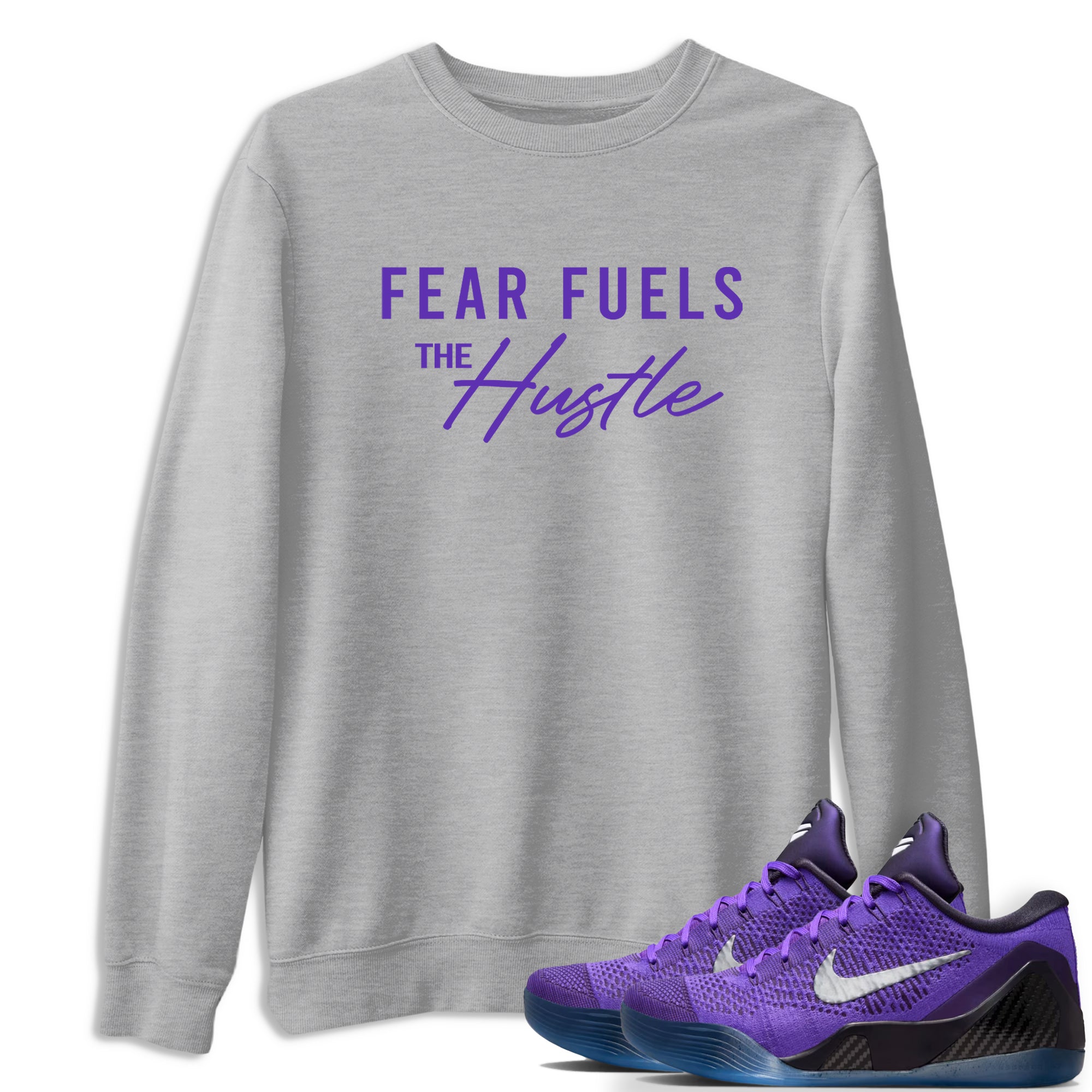 Sneaker Threads – Sneaker Tees To Match Nike KB 9 Hyper Grape – Fear Fuels The Hustle Graphic Tee Heather Grey 1. Perfect for Jordan releases 2025 colorways. Perfect for purple basketball sneaker releases and legacy-inspired colorways for 2025 hoopers.