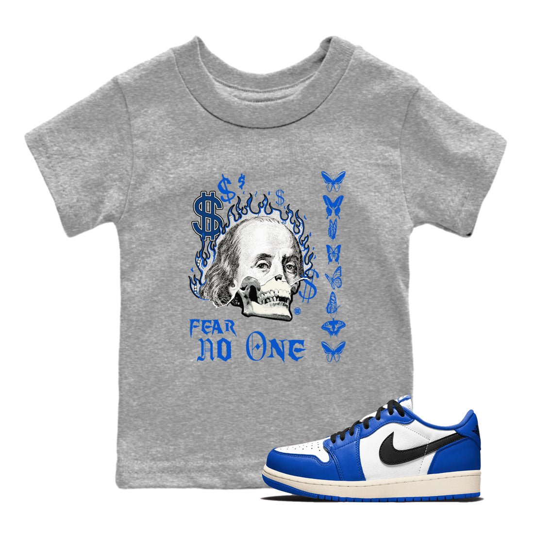 1s Game Royal shirt to match jordans Fear No One sneaker tees Air Jordan 1 Low Game Royal SNRT sneaker release tees baby toddler Heather Grey 1 cotton Shirt