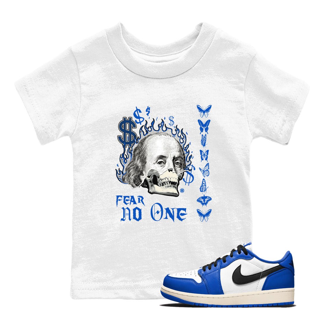 1s Game Royal shirt to match jordans Fear No One sneaker tees Air Jordan 1 Low Game Royal SNRT sneaker release tees baby toddler White 1 cotton Shirt