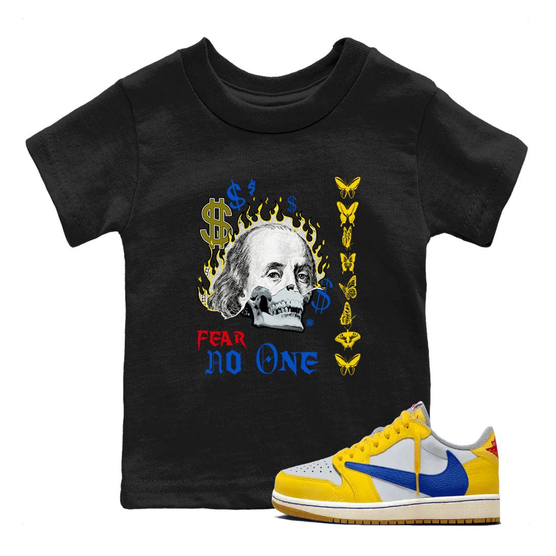 Air Jordan 1 Travis Scott Canary shirt to match jordans Fear No One sneaker tees Air Jordan 1 Low x Travis Scott x Canary SNRT sneaker release tees baby toddler Black 1 cotton Shirt