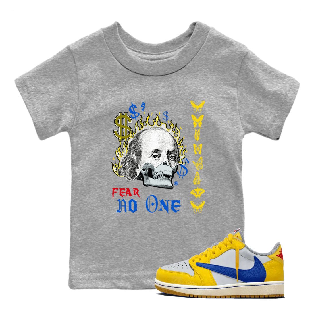 Air Jordan 1 Travis Scott Canary shirt to match jordans Fear No One sneaker tees Air Jordan 1 Low x Travis Scott x Canary SNRT sneaker release tees baby toddler Heather Grey 1 cotton Shirt