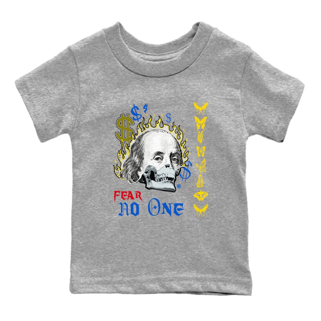 Air Jordan 1 Travis Scott Canary shirt to match jordans Fear No One sneaker tees Air Jordan 1 Low x Travis Scott x Canary SNRT sneaker release tees baby toddler Heather Grey 2 cotton Shirt