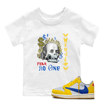 Air Jordan 1 Travis Scott Canary shirt to match jordans Fear No One sneaker tees Air Jordan 1 Low x Travis Scott x Canary SNRT sneaker release tees baby toddler White 1 cotton Shirt