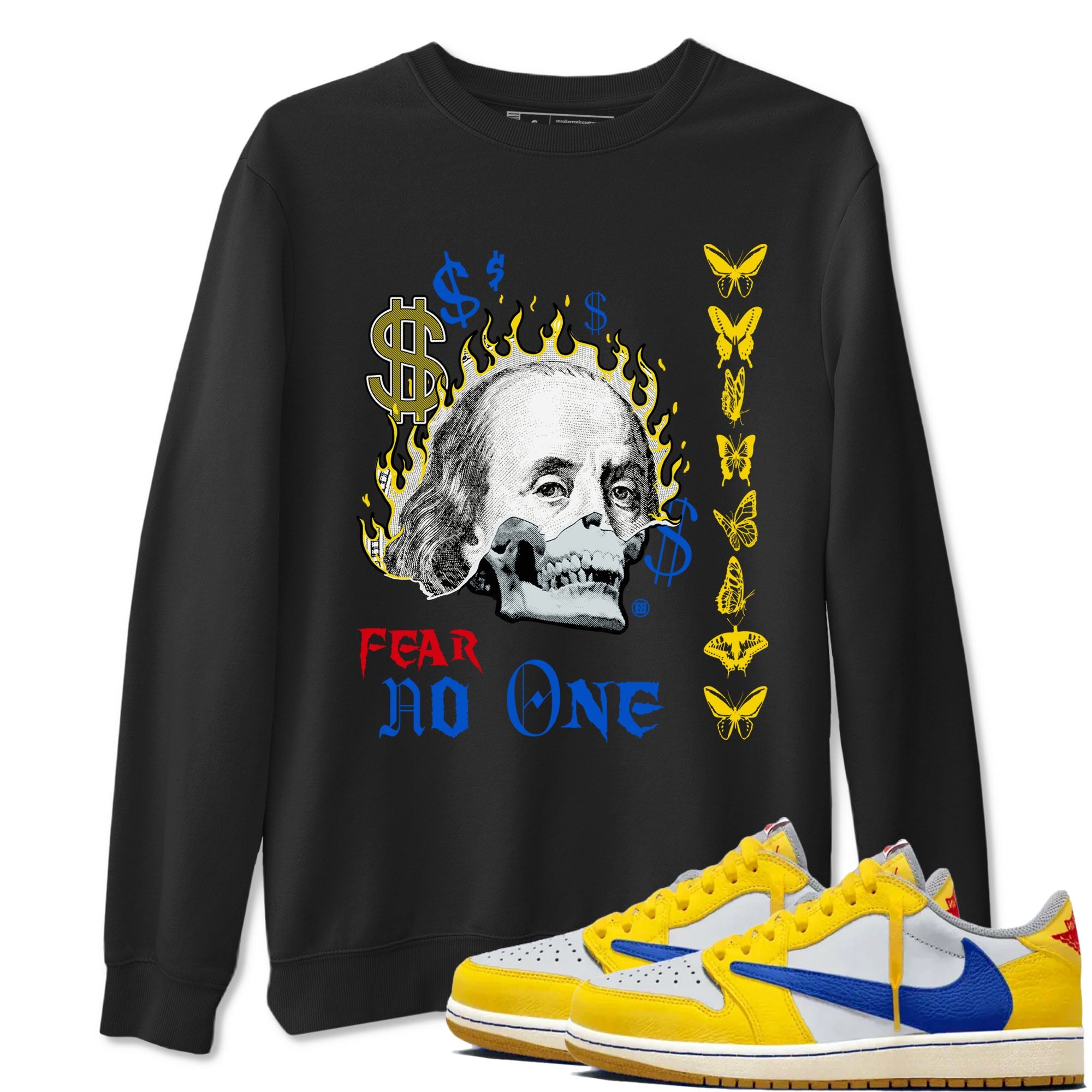Air Jordan 1 Travis Scott Canary shirt to match jordans Fear No One sneaker tees Air Jordan 1 Low x Travis Scott x Canary SNRT Sneaker Release Tees unisex cotton Black 1 crew neck shirt