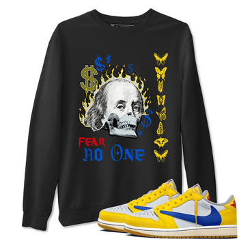 Air Jordan 1 Travis Scott Canary shirt to match jordans Fear No One sneaker tees Air Jordan 1 Low x Travis Scott x Canary SNRT Sneaker Release Tees unisex cotton Black 1 crew neck shirt