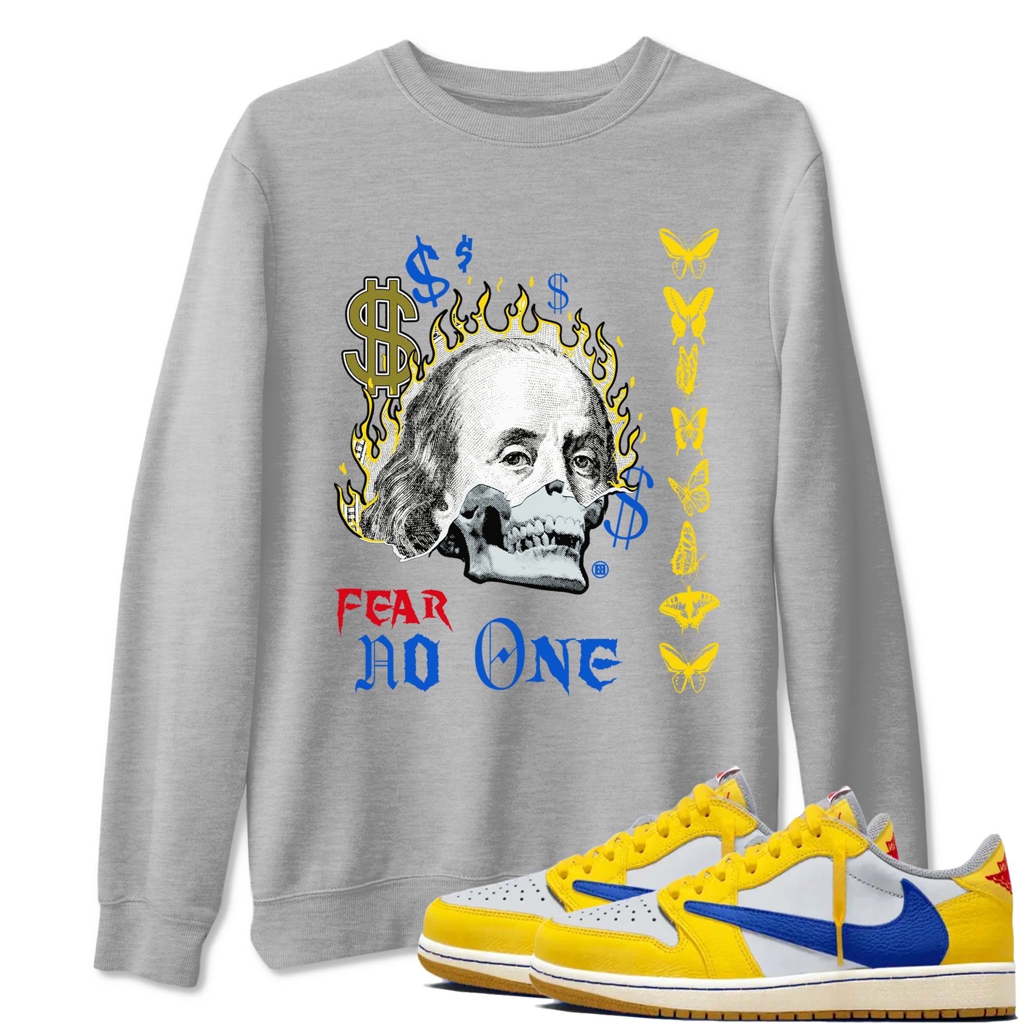 Air Jordan 1 Travis Scott Canary shirt to match jordans Fear No One sneaker tees Air Jordan 1 Low x Travis Scott x Canary SNRT Sneaker Release Tees unisex cotton Heather Grey 1 crew neck shirt