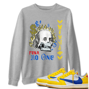 Air Jordan 1 Travis Scott Canary shirt to match jordans Fear No One sneaker tees Air Jordan 1 Low x Travis Scott x Canary SNRT Sneaker Release Tees unisex cotton Heather Grey 1 crew neck shirt