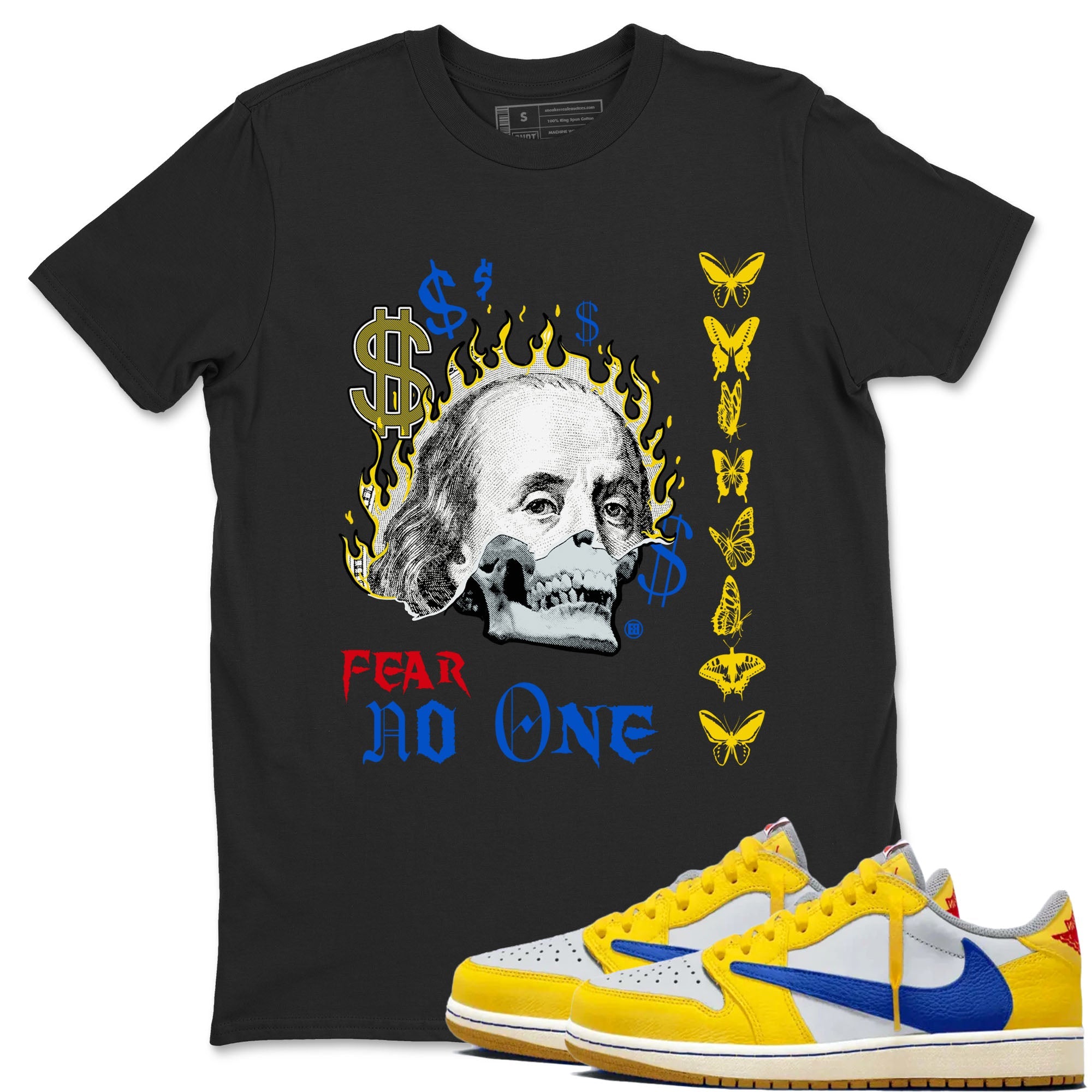 Air Jordan 1 Travis Scott Canary shirt to match jordans Fear No One sneaker tees Air Jordan 1 Low x Travis Scott x Canary SNRT Sneaker Release Tees unisex cotton Black 1 crew neck shirt