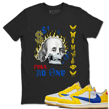 Air Jordan 1 Travis Scott Canary shirt to match jordans Fear No One sneaker tees Air Jordan 1 Low x Travis Scott x Canary SNRT Sneaker Release Tees unisex cotton Black 1 crew neck shirt