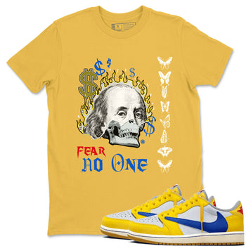 Air Jordan 1 Travis Scott Canary shirt to match jordans Fear No One sneaker tees Air Jordan 1 Low x Travis Scott x Canary SNRT Sneaker Release Tees unisex cotton Daisy 1 crew neck shirt