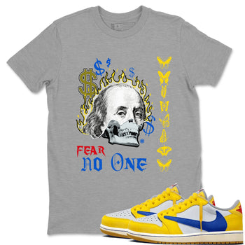 Air Jordan 1 Travis Scott Canary shirt to match jordans Fear No One sneaker tees Air Jordan 1 Low x Travis Scott x Canary SNRT Sneaker Release Tees unisex cotton Heather Grey 1 crew neck shirt