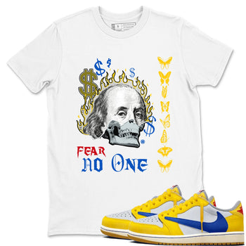 Air Jordan 1 Travis Scott Canary shirt to match jordans Fear No One sneaker tees Air Jordan 1 Low x Travis Scott x Canary SNRT Sneaker Release Tees unisex cotton White 1 crew neck shirt