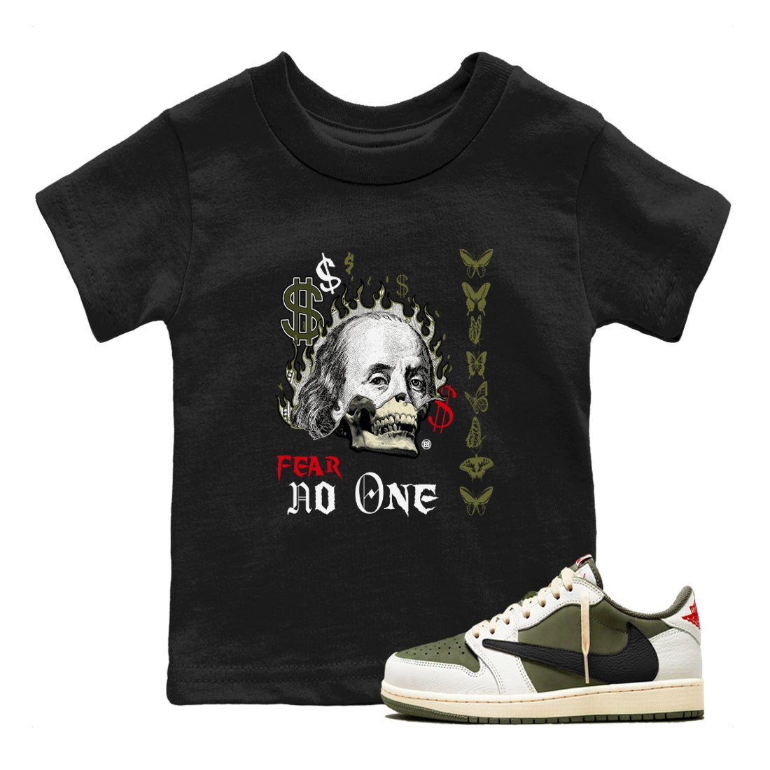 Air Jordan 1 Low Travis Scott x Medium Olive shirts to match jordans Fear No One sneaker match tees Air Jordan 1 Travis Scott Medium Olive SNRT Sneaker Release Tees Youth Baby Black 1 crew neck shirts