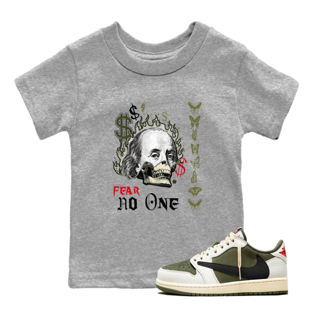 Air Jordan 1 Low Travis Scott x Medium Olive shirts to match jordans Fear No One sneaker match tees Air Jordan 1 Travis Scott Medium Olive SNRT Sneaker Release Tees Youth Baby Heather Grey 1 crew neck shirts