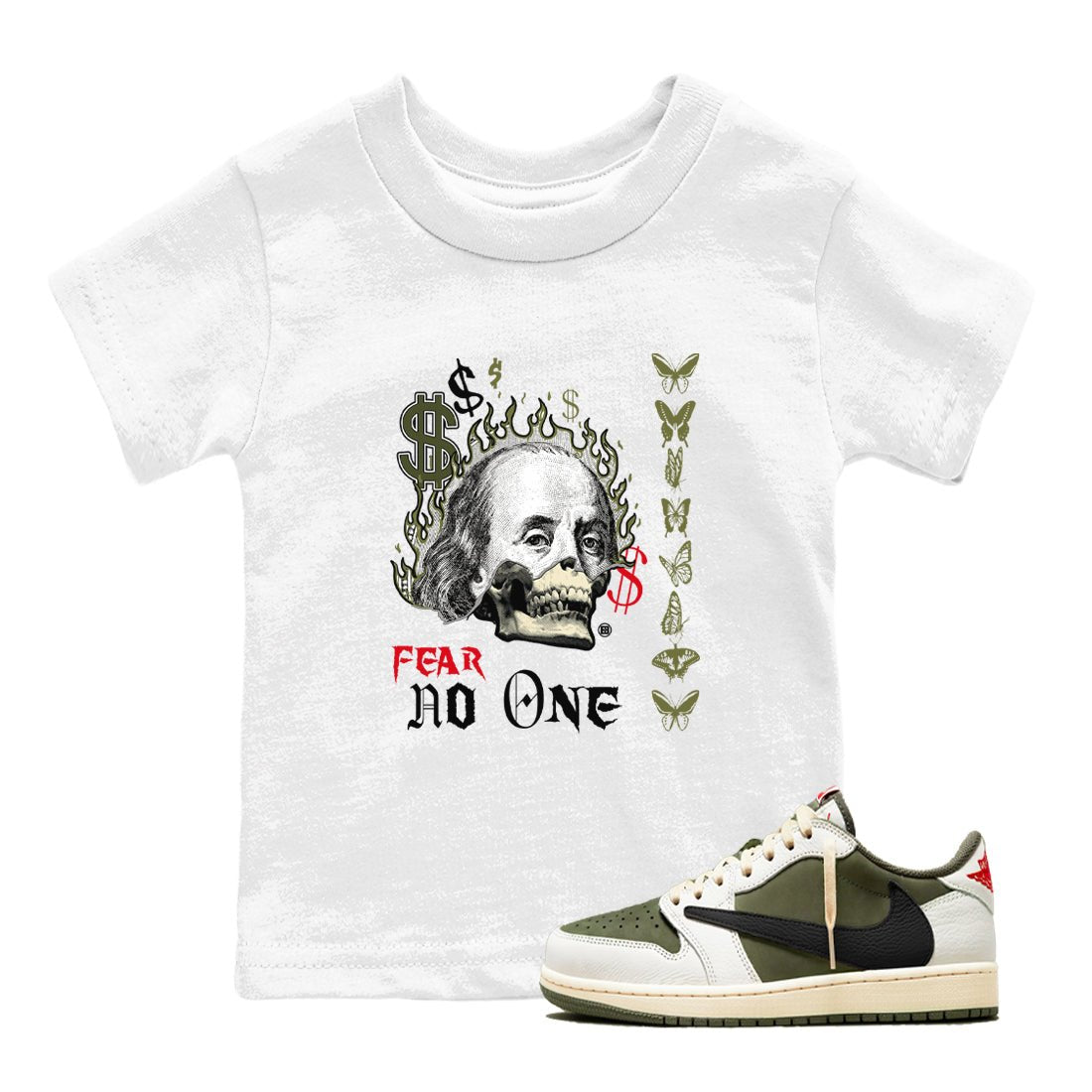 Air Jordan 1 Low Travis Scott x Medium Olive shirts to match jordans Fear No One sneaker match tees Air Jordan 1 Travis Scott Medium Olive SNRT Sneaker Release Tees Youth Baby White 1 crew neck shirts
