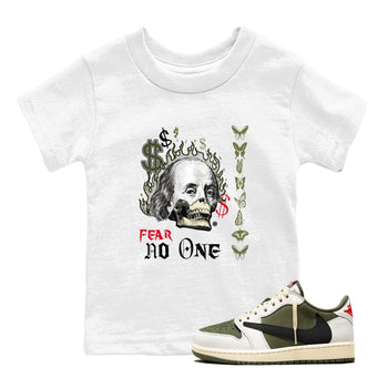 Air Jordan 1 Low Travis Scott x Medium Olive shirts to match jordans Fear No One sneaker match tees Air Jordan 1 Travis Scott Medium Olive SNRT Sneaker Release Tees Youth Baby White 1 crew neck shirts