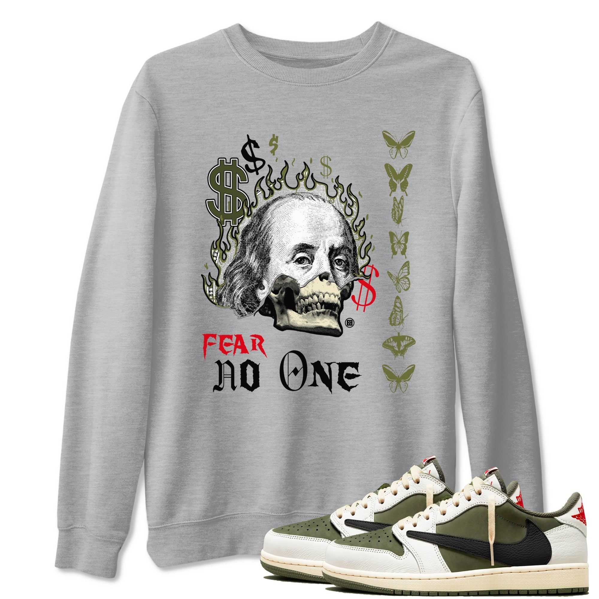 Air Jordan 1 Low Travis Scott x Medium Olive shirts to match jordans Fear No One sneaker match tees Air Jordan 1 Travis Scott Medium Olive SNRT Sneaker Release Tees unisex cotton Heather Grey 1 crew neck shirts