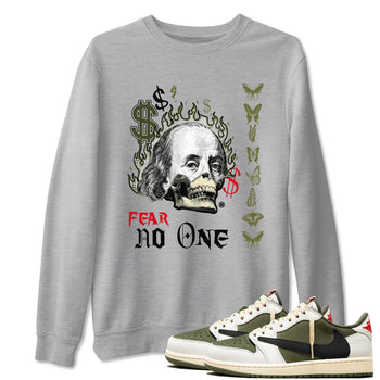 Air Jordan 1 Low Travis Scott x Medium Olive shirts to match jordans Fear No One sneaker match tees Air Jordan 1 Travis Scott Medium Olive SNRT Sneaker Release Tees unisex cotton Heather Grey 1 crew neck shirts