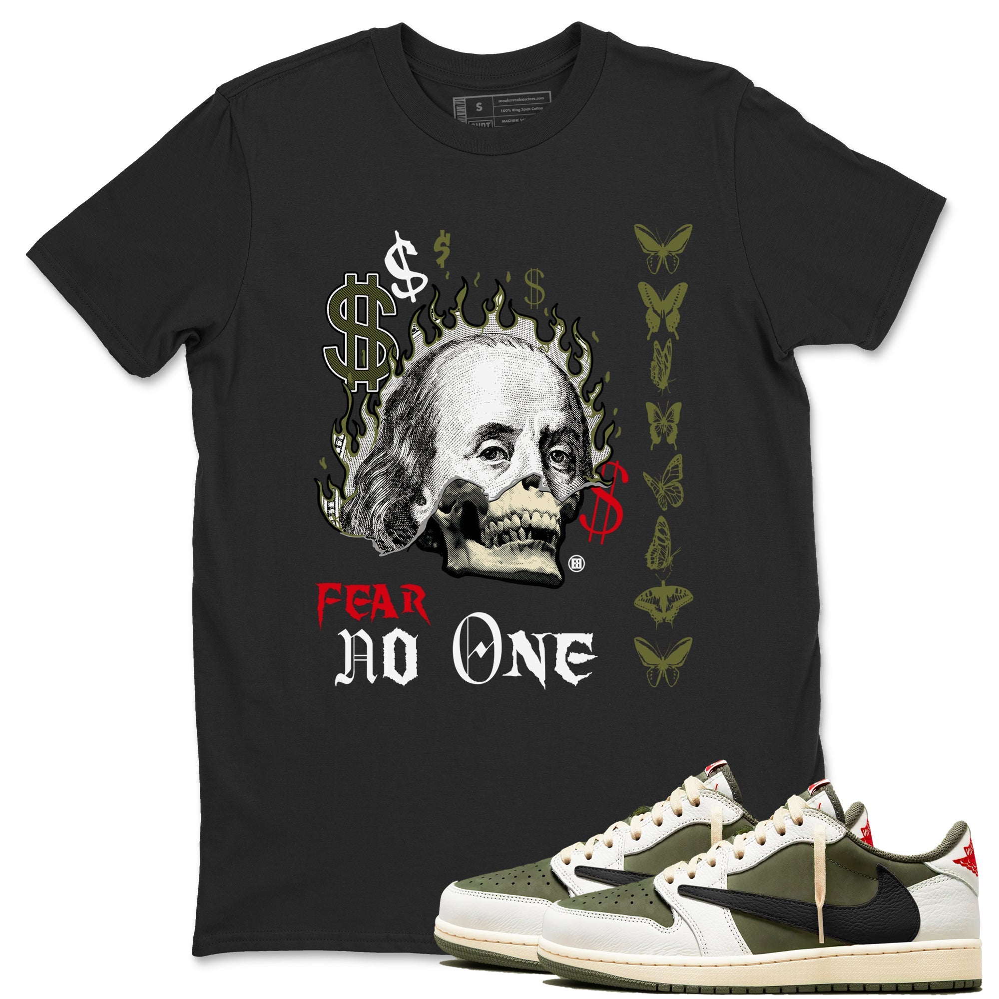 Air Jordan 1 Low Travis Scott x Medium Olive shirts to match jordans Fear No One sneaker match tees Air Jordan 1 Travis Scott Medium Olive SNRT Sneaker Release Tees unisex cotton Black 1 crew neck shirts