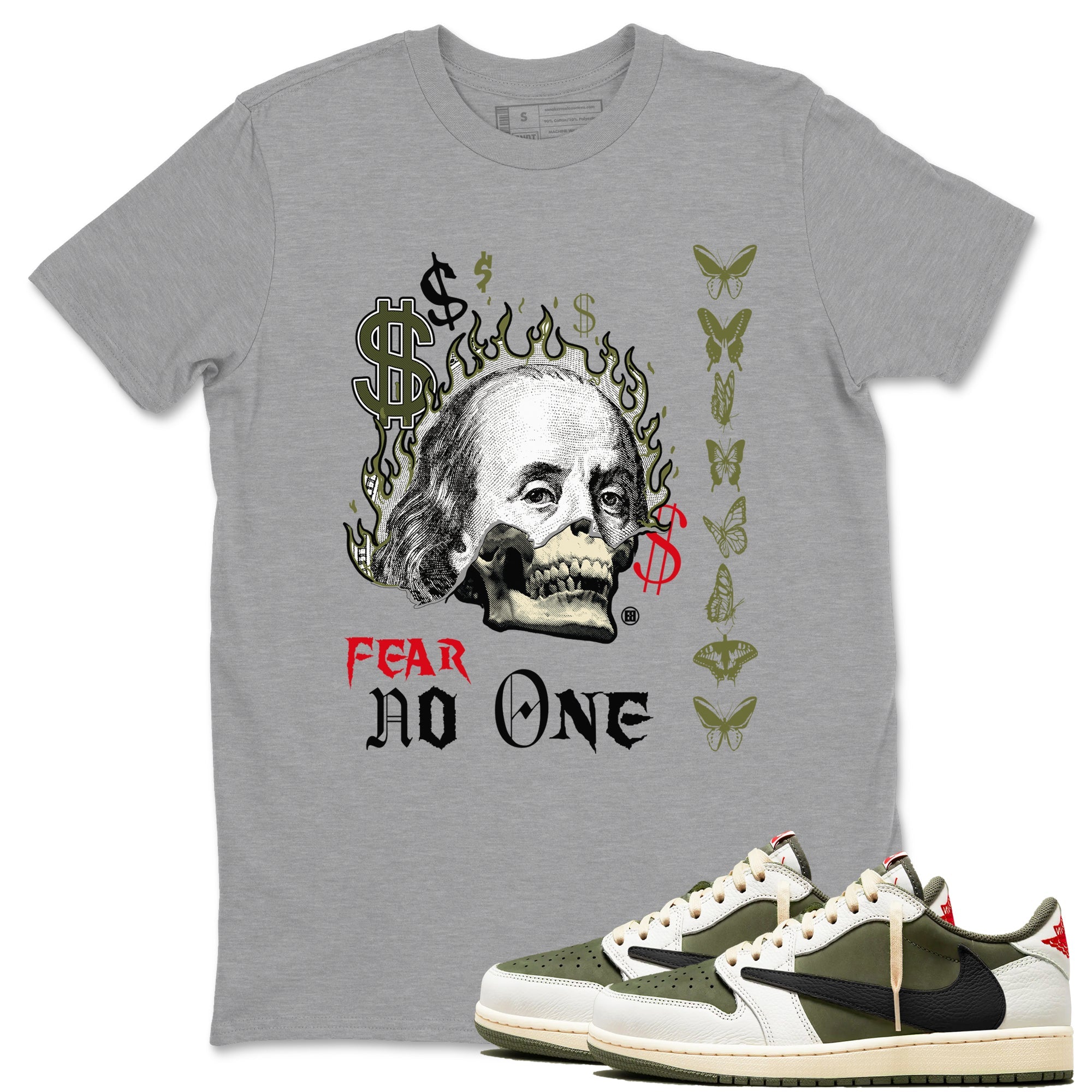 Air Jordan 1 Low Travis Scott x Medium Olive shirts to match jordans Fear No One sneaker match tees Air Jordan 1 Travis Scott Medium Olive SNRT Sneaker Release Tees unisex cotton Heather Grey 1 crew neck shirts