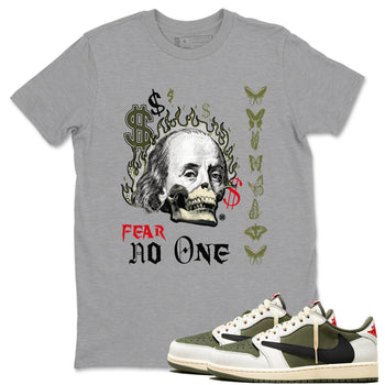 Air Jordan 1 Low Travis Scott x Medium Olive shirts to match jordans Fear No One sneaker match tees Air Jordan 1 Travis Scott Medium Olive SNRT Sneaker Release Tees unisex cotton Heather Grey 1 crew neck shirts
