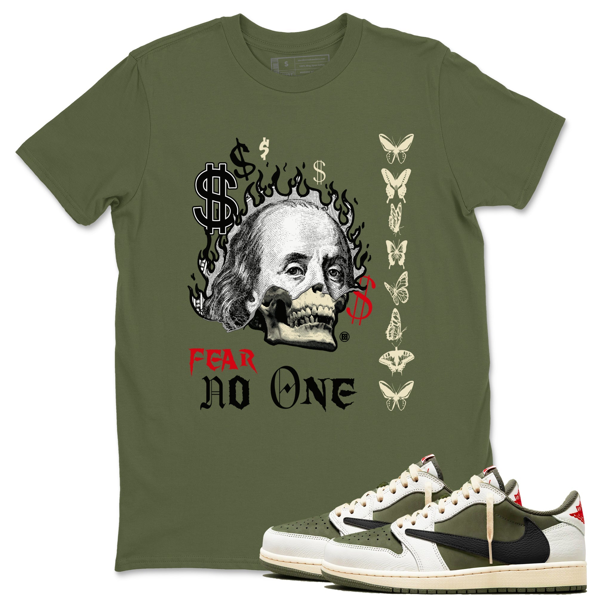 Air Jordan 1 Low Travis Scott x Medium Olive shirts to match jordans Fear No One sneaker match tees Air Jordan 1 Travis Scott Medium Olive SNRT Sneaker Release Tees unisex cotton Military Green 1 crew neck shirts