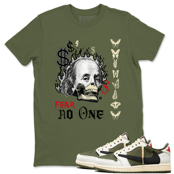 Air Jordan 1 Low Travis Scott x Medium Olive shirts to match jordans Fear No One sneaker match tees Air Jordan 1 Travis Scott Medium Olive SNRT Sneaker Release Tees unisex cotton Military Green 1 crew neck shirts