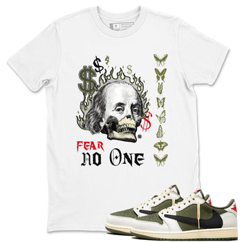 Air Jordan 1 Low Travis Scott x Medium Olive shirts to match jordans Fear No One sneaker match tees Air Jordan 1 Travis Scott Medium Olive SNRT Sneaker Release Tees unisex cotton White 1 crew neck shirts