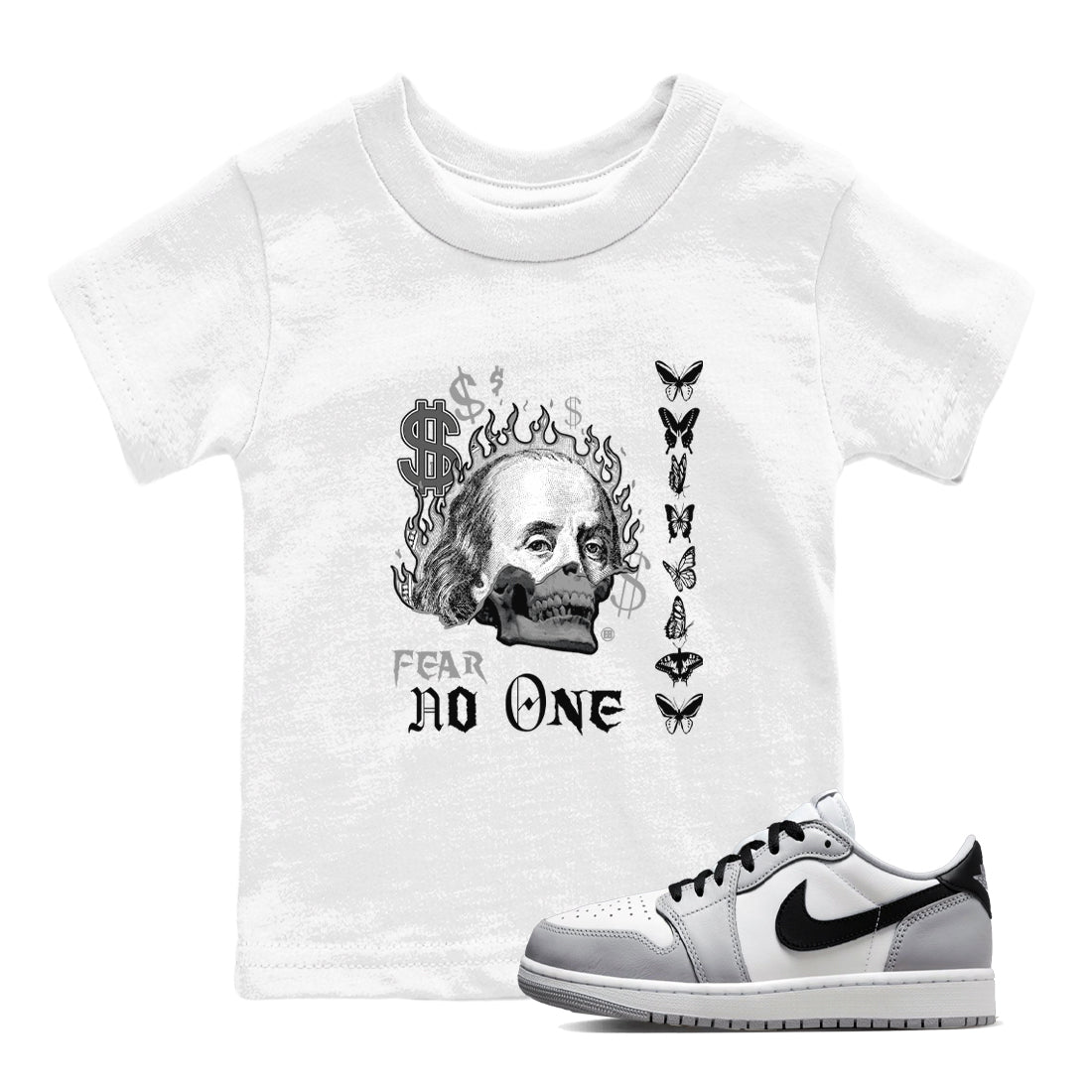 AJ1 Wolf Grey shirts to match jordans Fear No One sneaker match tees Air Jordan 1 Wolf Grey SNRT Sneaker Tees streetwear brand Baby and Youth White 1 cotton tee