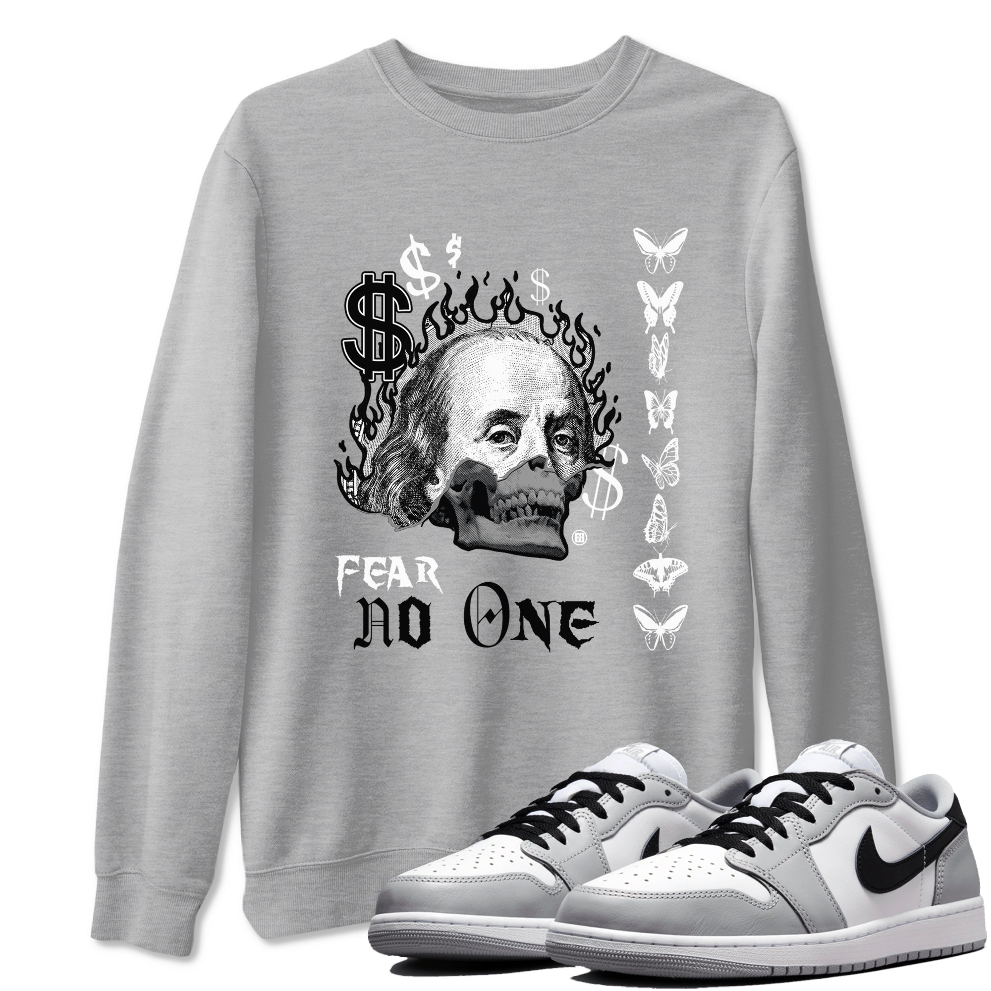 AJ1 Wolf Grey shirts to match jordans Fear No One sneaker match tees Air Jordan 1 Wolf Grey SNRT Sneaker Tees streetwear brand Heather Grey 1 unisex cotton tee