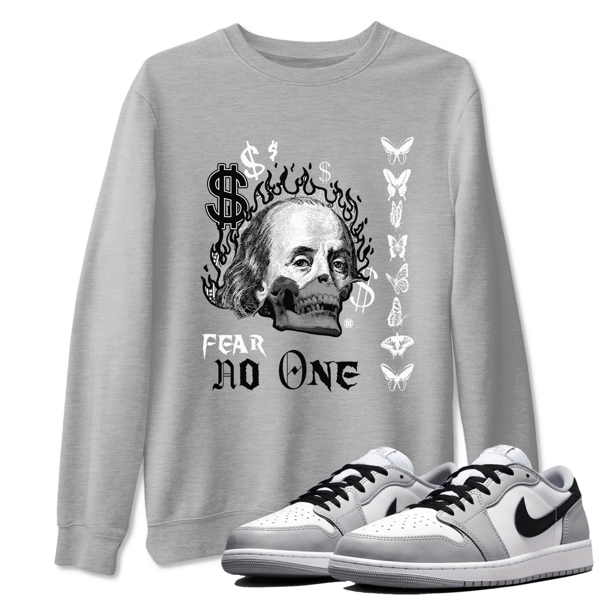 AJ1 Wolf Grey shirts to match jordans Fear No One sneaker match tees Air Jordan 1 Wolf Grey SNRT Sneaker Tees streetwear brand Heather Grey 1 unisex cotton tee