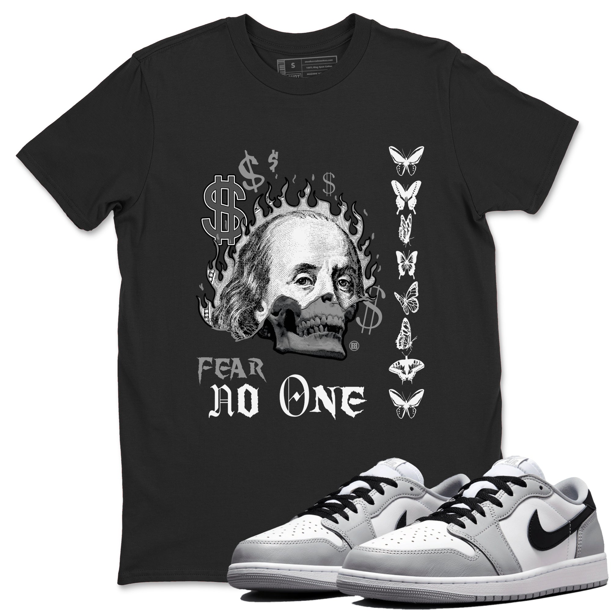 AJ1 Wolf Grey shirts to match jordans Fear No One sneaker match tees Air Jordan 1 Wolf Grey SNRT Sneaker Tees streetwear brand Black 1 unisex cotton tee