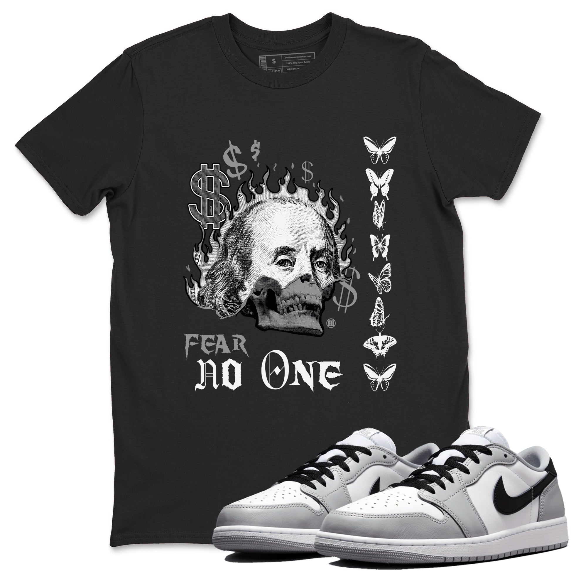 AJ1 Wolf Grey shirts to match jordans Fear No One sneaker match tees Air Jordan 1 Wolf Grey SNRT Sneaker Tees streetwear brand Black 1 unisex cotton tee