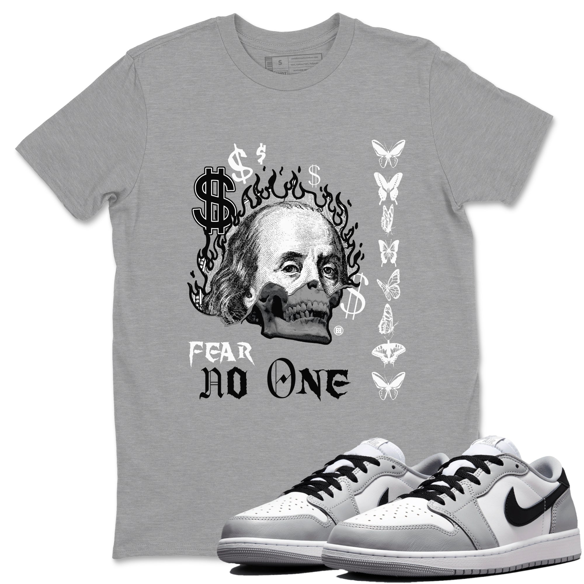 AJ1 Wolf Grey shirts to match jordans Fear No One sneaker match tees Air Jordan 1 Wolf Grey SNRT Sneaker Tees streetwear brand Heather Grey 1 unisex cotton tee