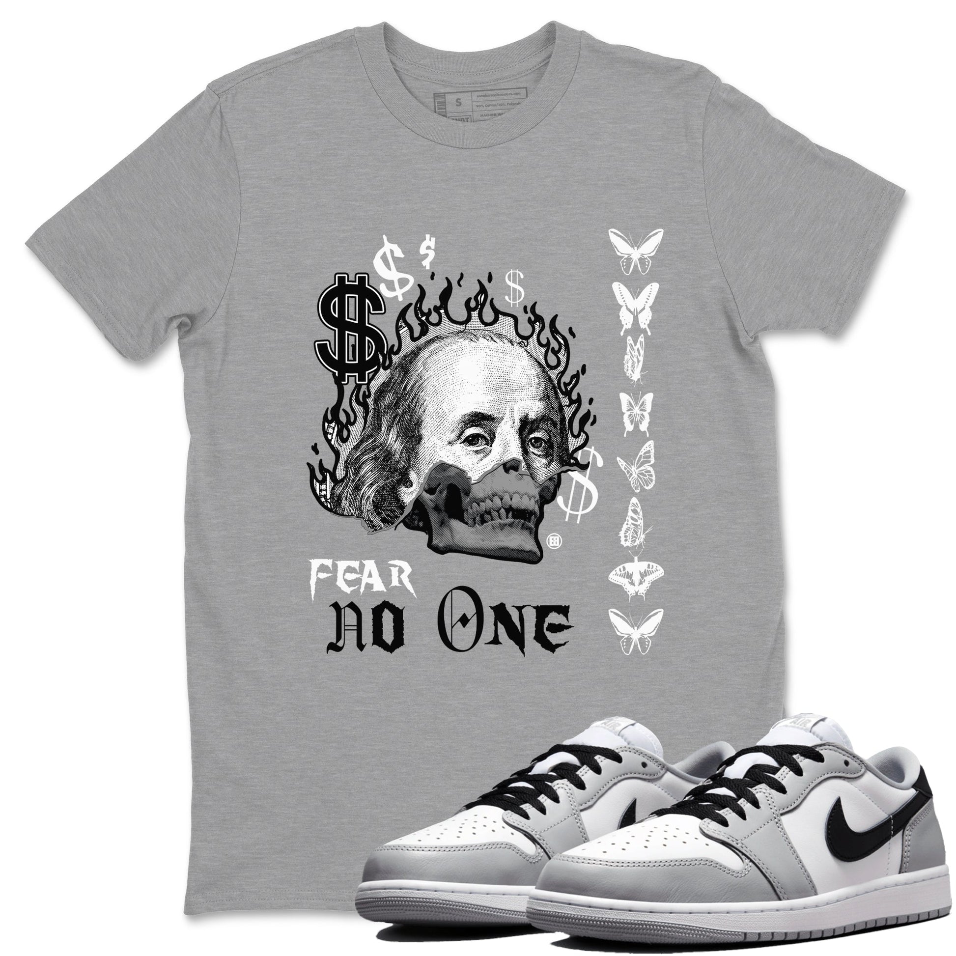 AJ1 Wolf Grey shirts to match jordans Fear No One sneaker match tees Air Jordan 1 Wolf Grey SNRT Sneaker Tees streetwear brand Heather Grey 1 unisex cotton tee