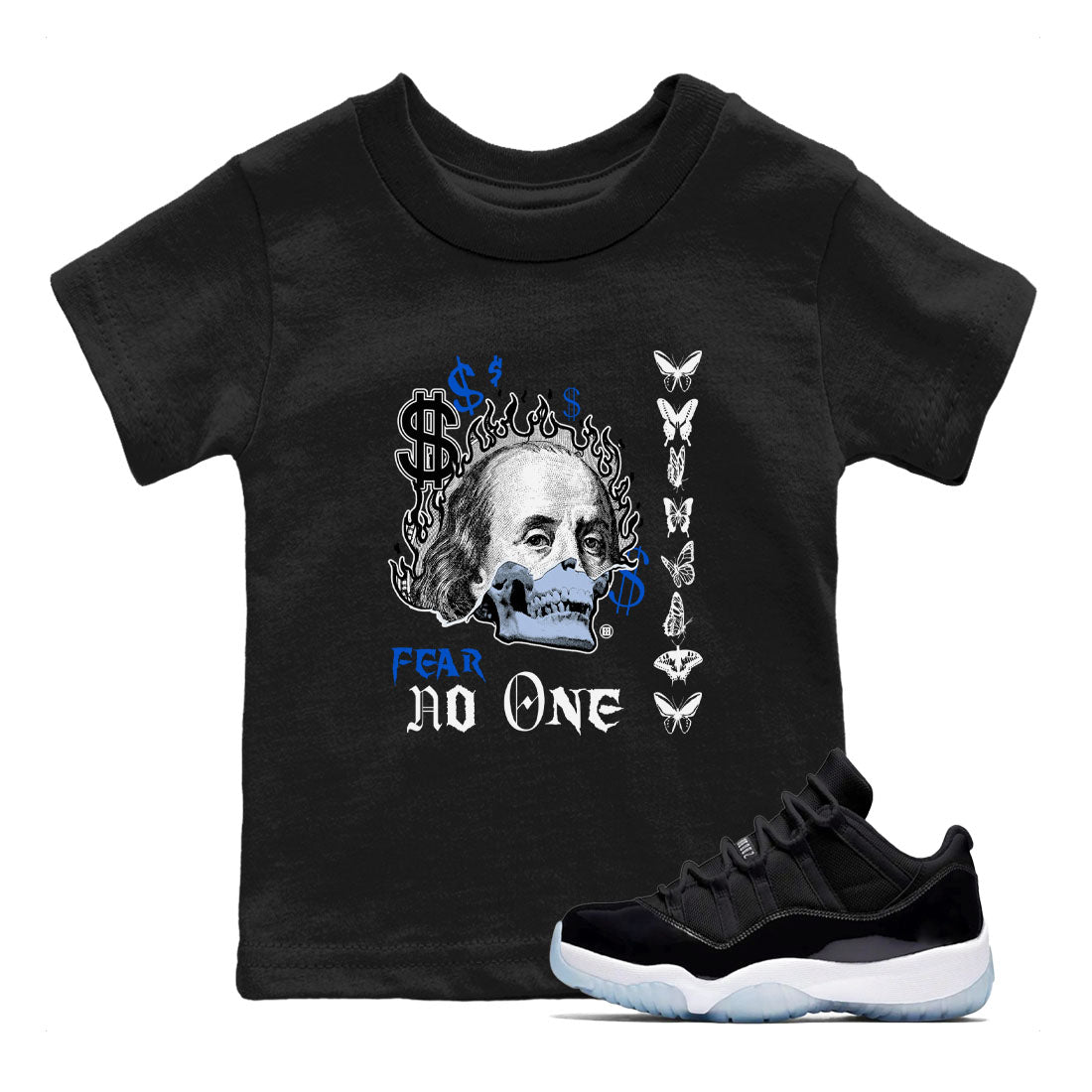 Air Jordan 11 Space shirt to match jordans Fear No One sneaker tees 11s Black and Varsity Royal SNRT sneaker release tees baby toddler Black 1 cotton Shirt