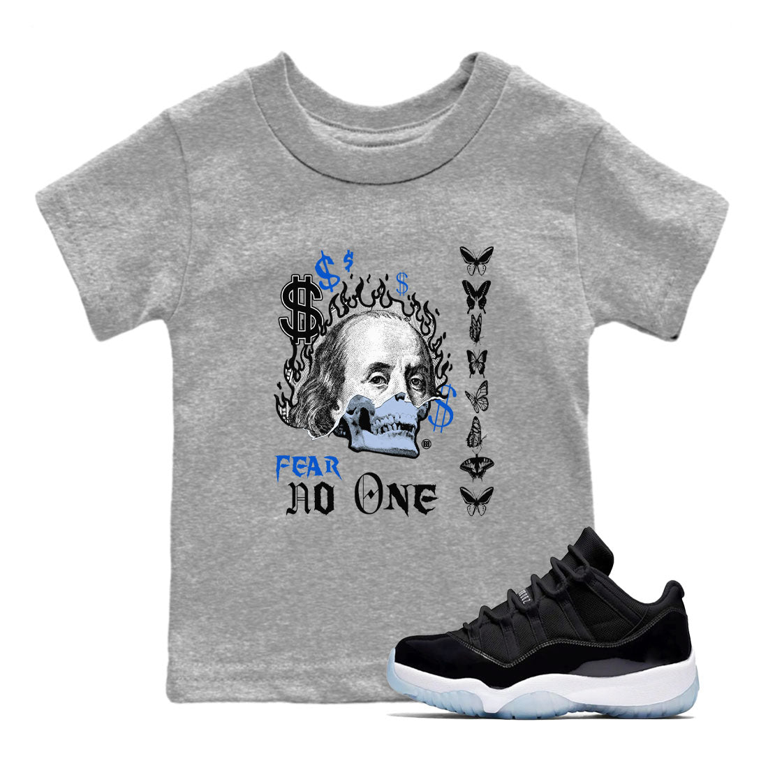Air Jordan 11 Space shirt to match jordans Fear No One sneaker tees 11s Black and Varsity Royal SNRT sneaker release tees baby toddler Heather Grey 1 cotton Shirt