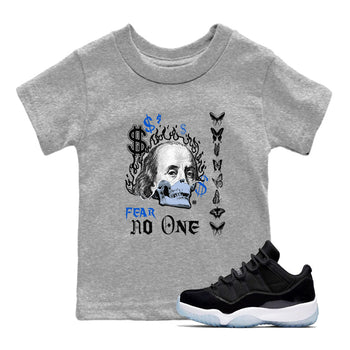 Air Jordan 11 Space shirt to match jordans Fear No One sneaker tees 11s Black and Varsity Royal SNRT sneaker release tees baby toddler Heather Grey 1 cotton Shirt