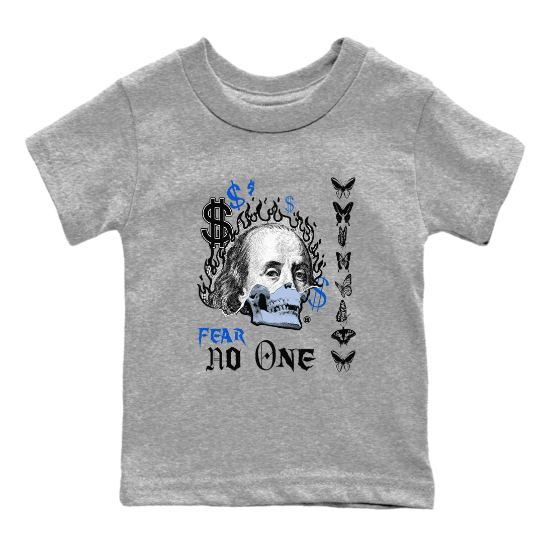 Air Jordan 11 Space shirt to match jordans Fear No One sneaker tees 11s Black and Varsity Royal SNRT sneaker release tees baby toddler Heather Grey 2 cotton Shirt